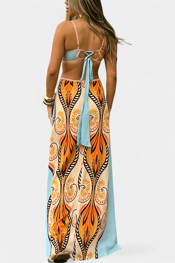Camélia™ | Robe longue dos noué à imprimé bohème