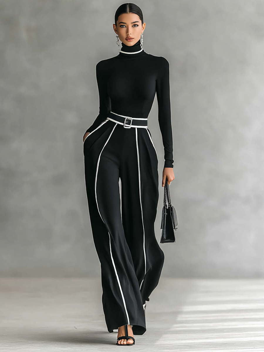 Ensemble 2 pièces à col montant et pantalon large ceinturé
