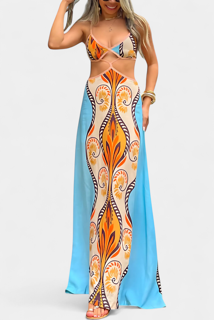 Camélia™ | Robe longue dos noué à imprimé bohème