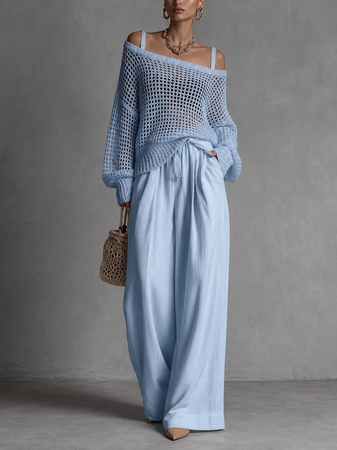 Solène | Ensemble élégant avec pull ajouré et pantalon ample