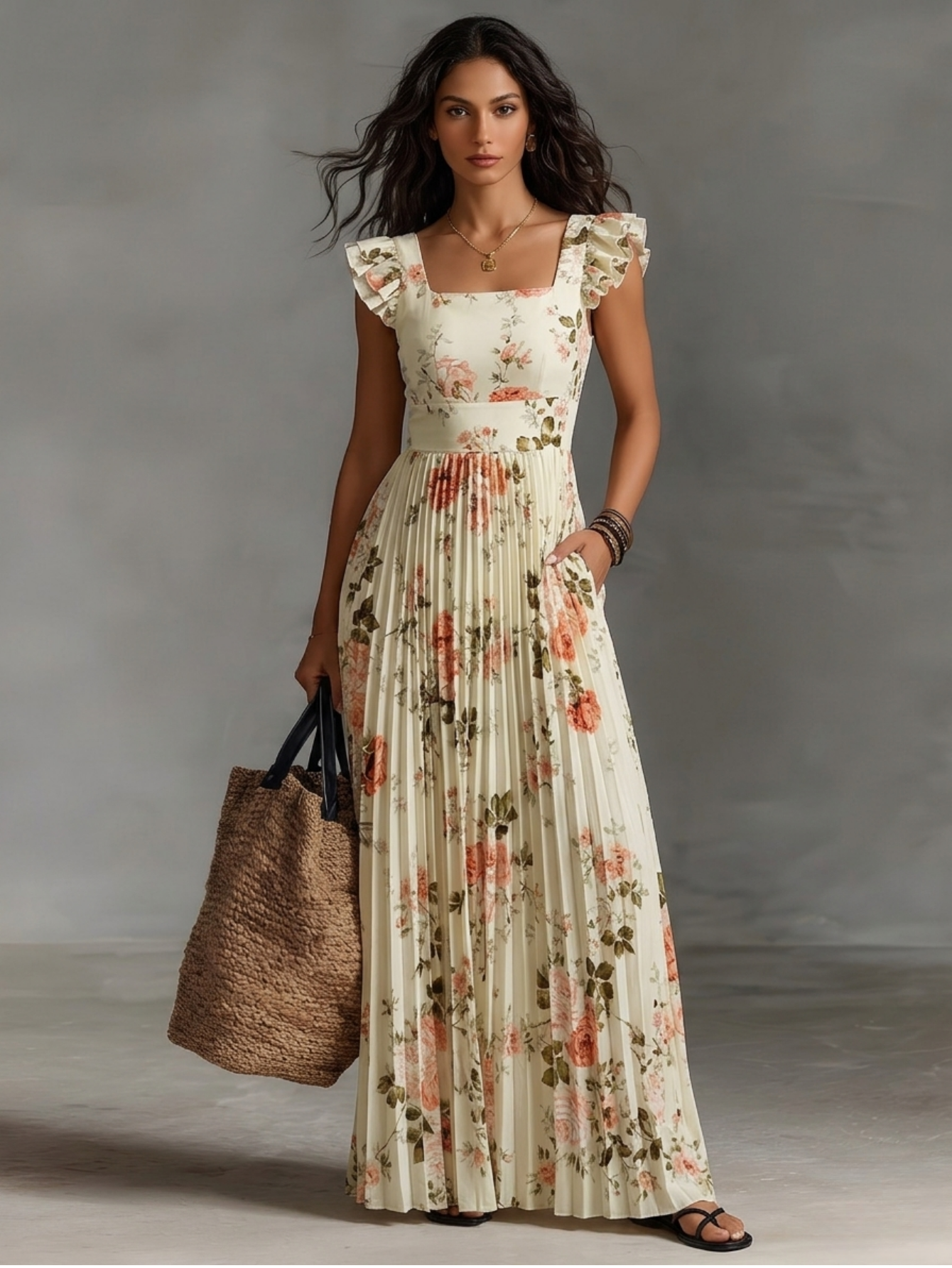 Élégance Romantique – Robe Longue Plissée Fleurie