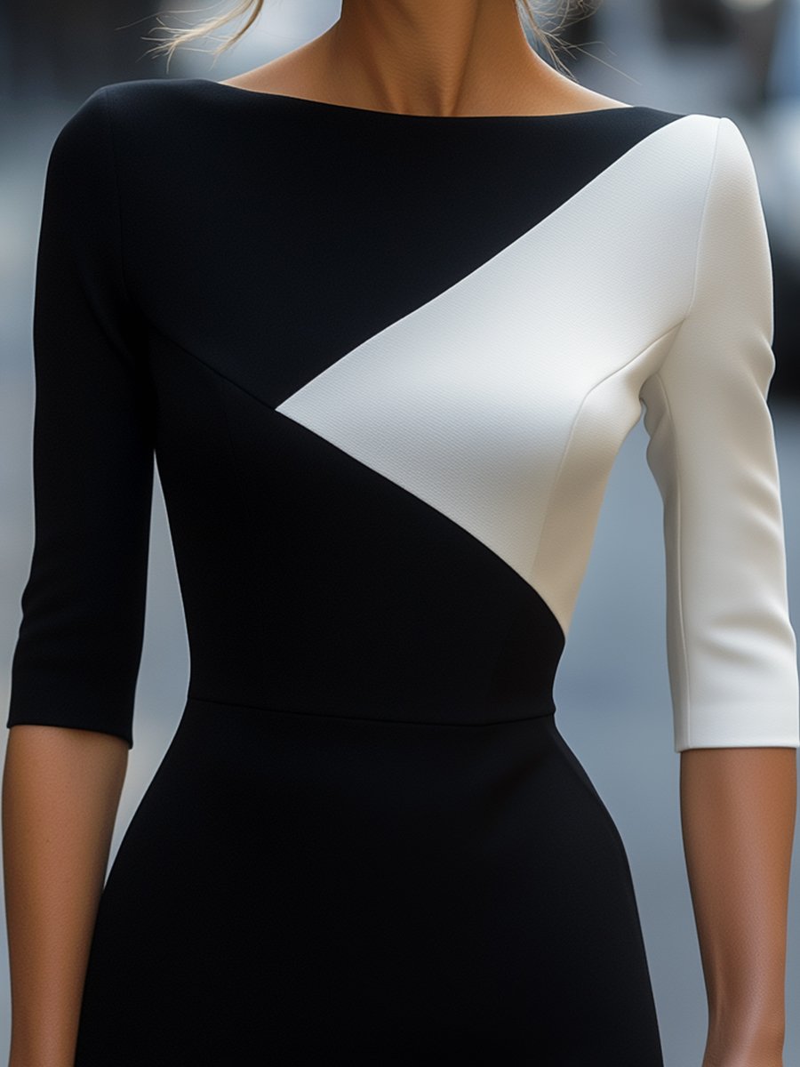 Robe Élégante Bicolore à Coupe Asymétrique