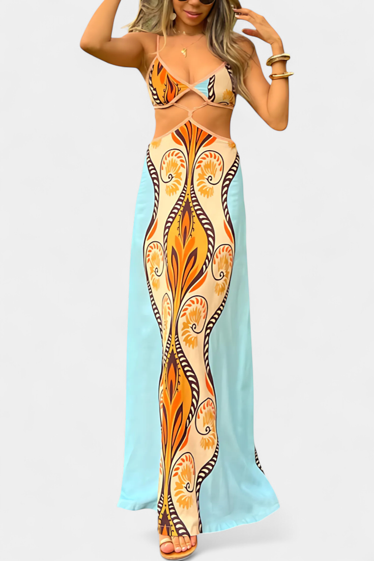 Camélia™ | Robe longue dos noué à imprimé bohème