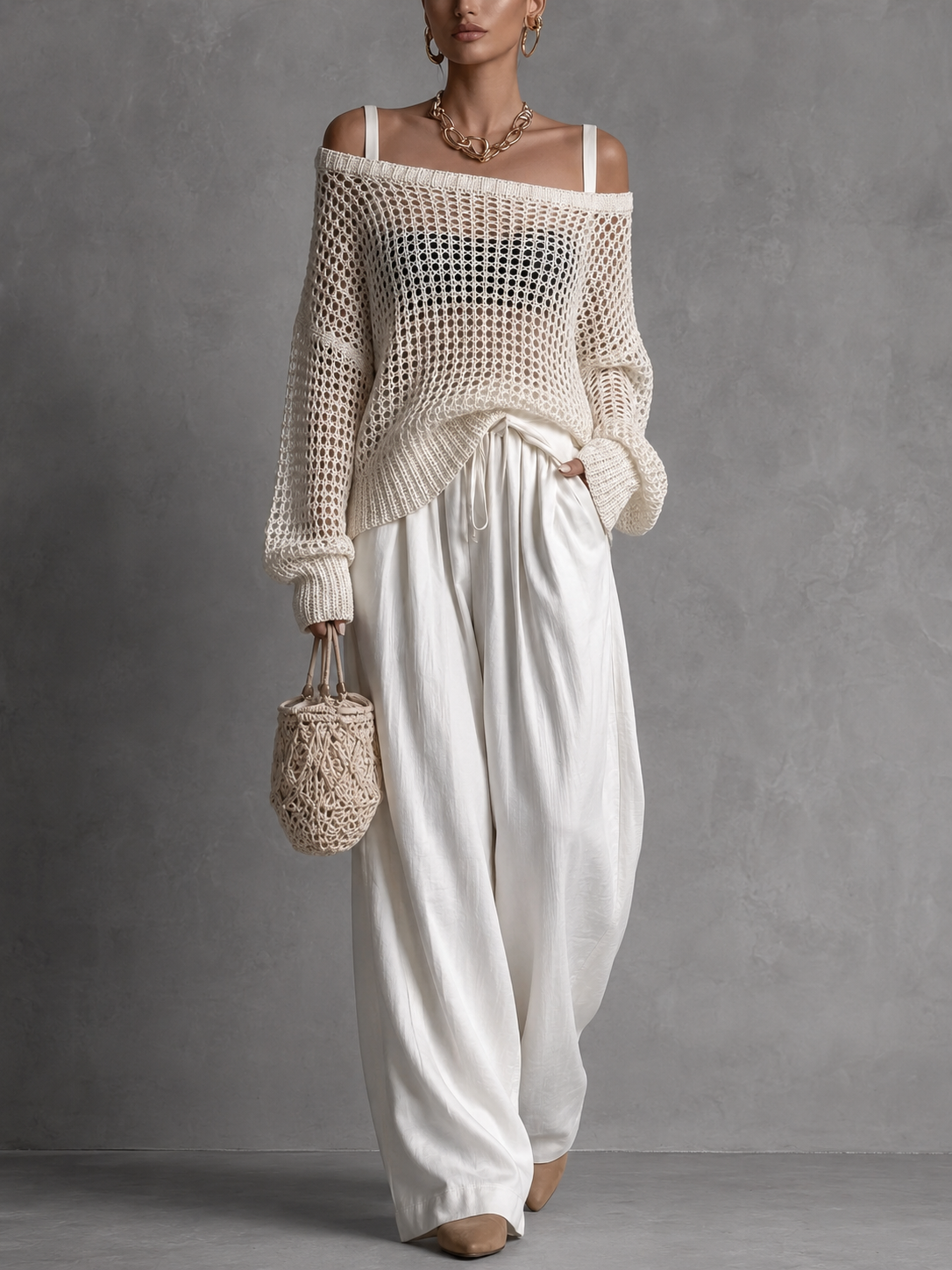 Solène | Ensemble élégant avec pull ajouré et pantalon ample