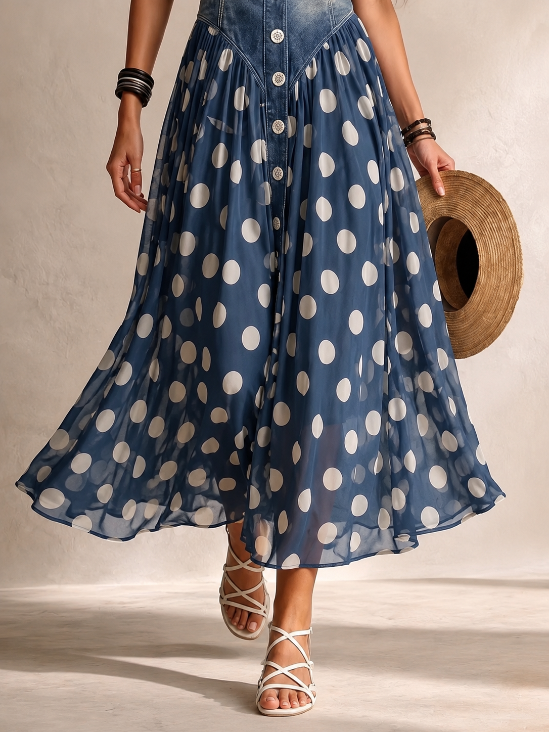 Simone | Robe Midi en Denim et Voile à Pois