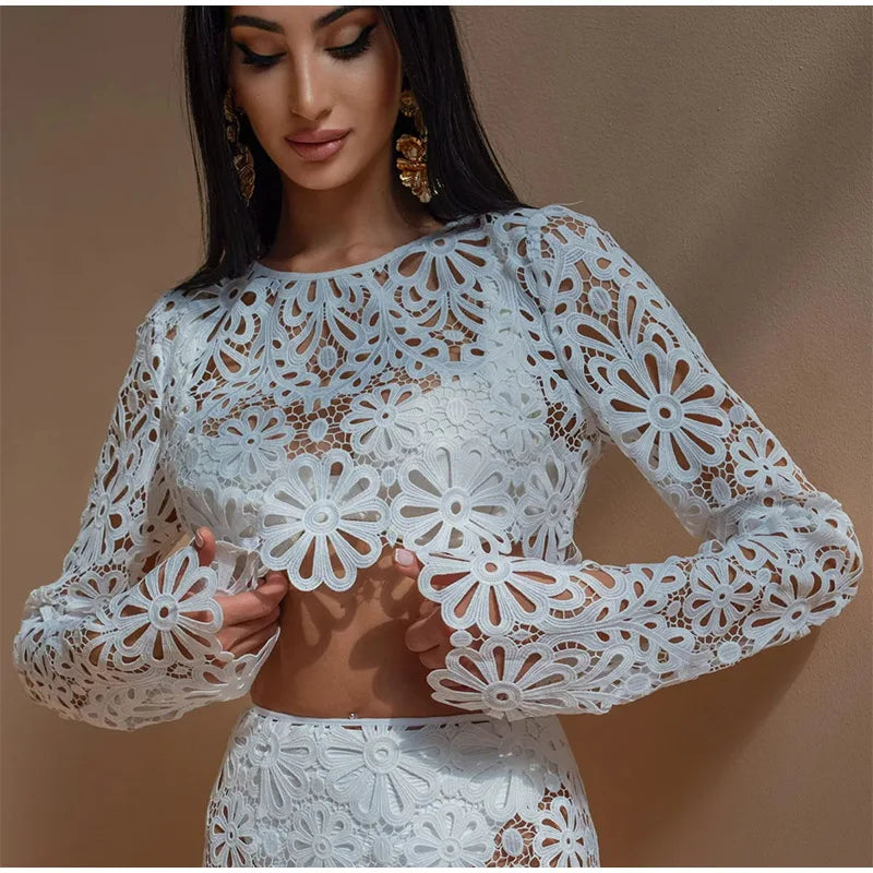 Dahlia™ | Ensemble en crochet fleuri avec jupe longue