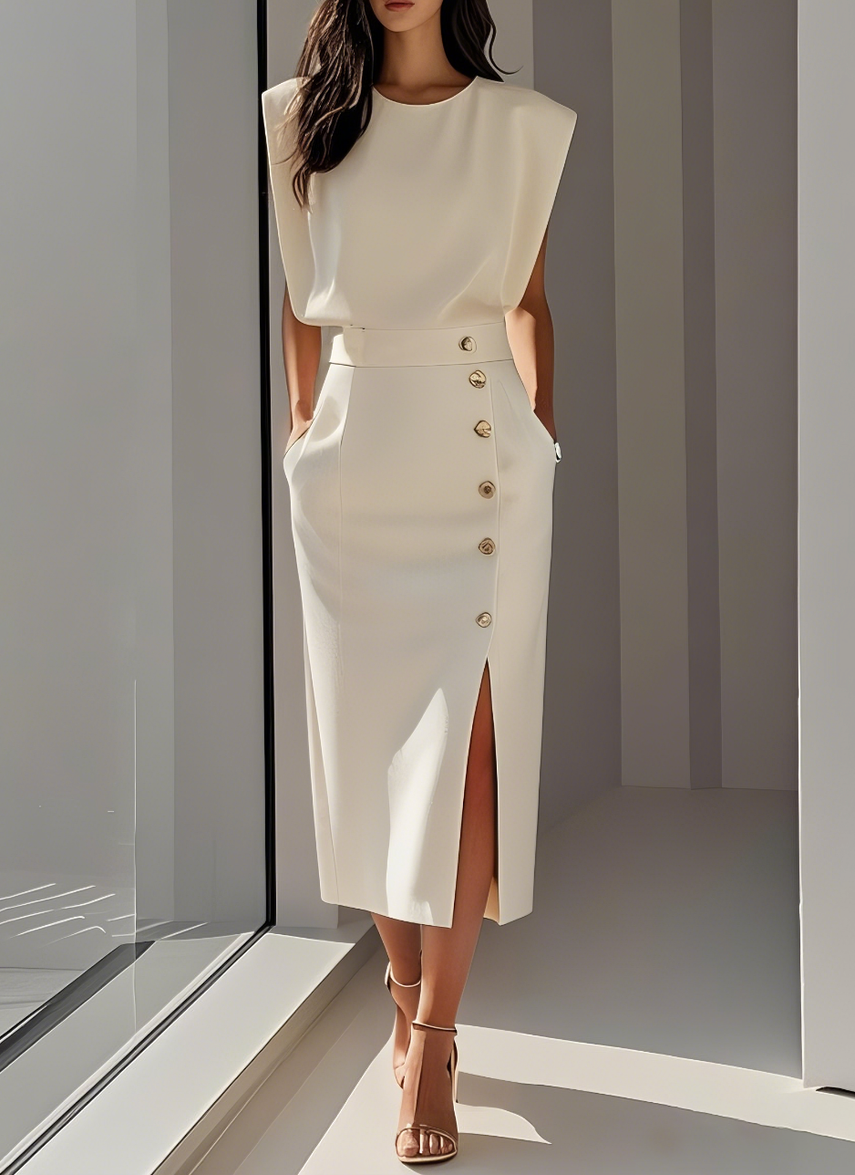 Sophie™ | Robe midi ajustée avec boutons dorés