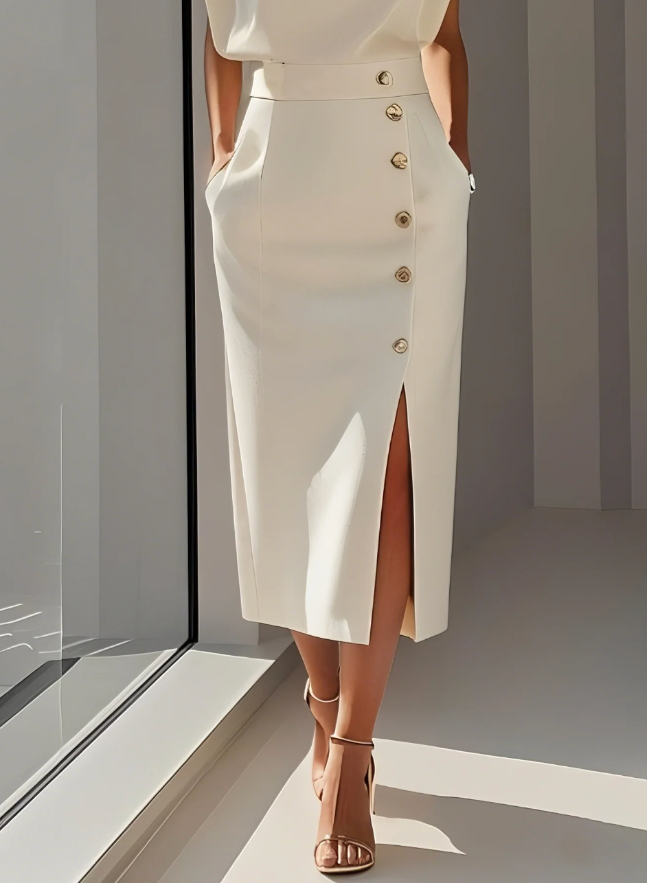Sophie™ | Robe midi ajustée avec boutons dorés